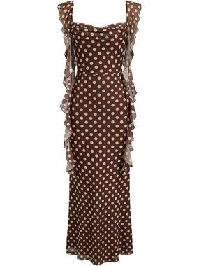 🆕 Women's Brown Dots Ruffle Sleeveless Mesh Formal Wedding Maxi Dress